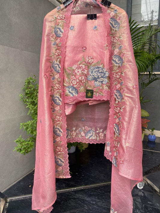 Pink Petal Crushed Tissue Suit with Cross Stitch Detailing