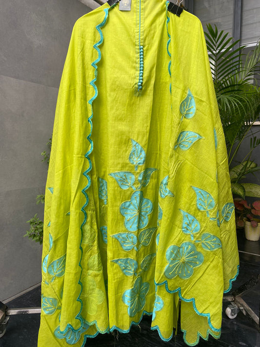 Lime Breeze Mal Cotton Suit with Appliqué Work