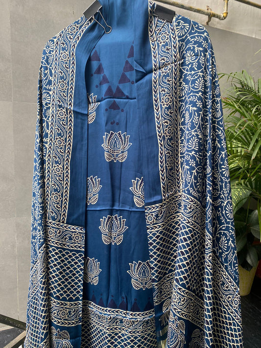 Indigo Charm Ajrak Print Suit with Gazzi Dupatta