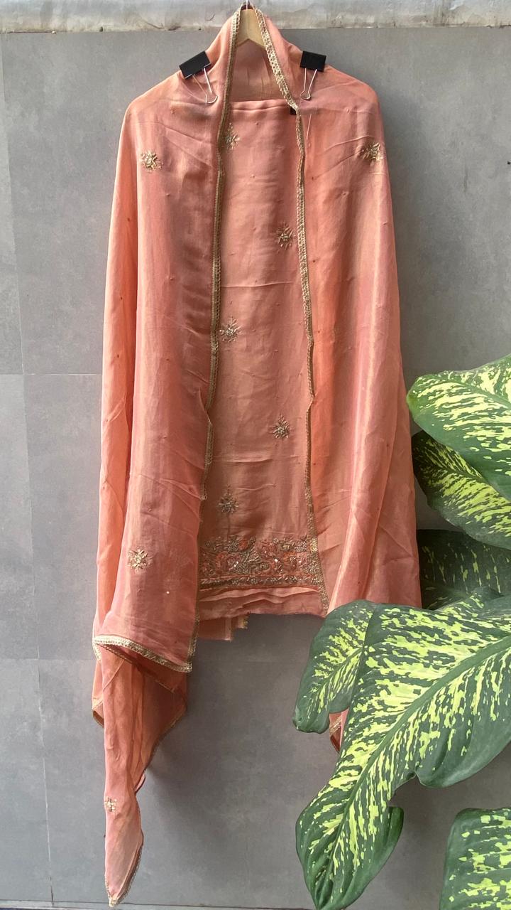 Pastel Peach Organza Suit Set with Thread & Sequin Embroidery