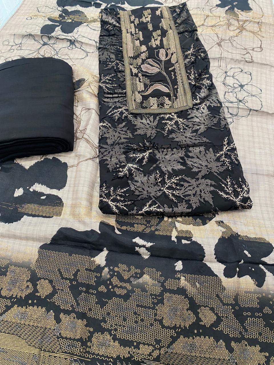 Black Floral Suit with Golden Neckline