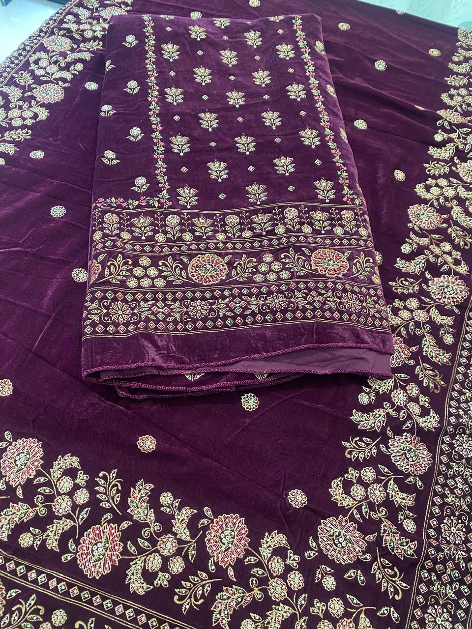 Purple Velvet Suit with Heavy Floral Embroidery