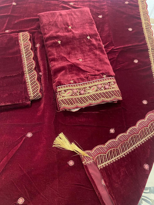 Maroon Velvet Suit with Golden Design
