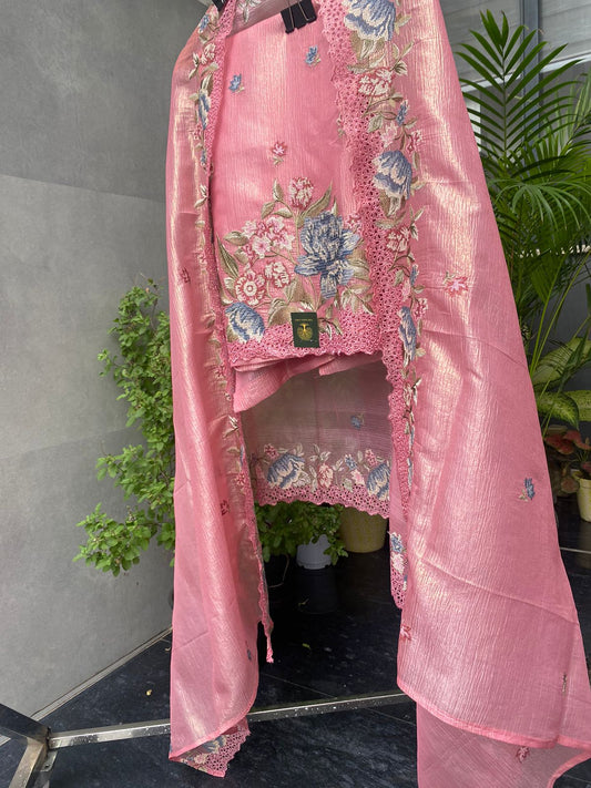 Pink Petal Crushed Tissue Suit with Cross Stitch Detailing