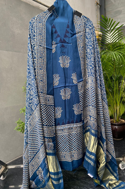 Indigo Charm Ajrak Print Suit with Gazzi Dupatta