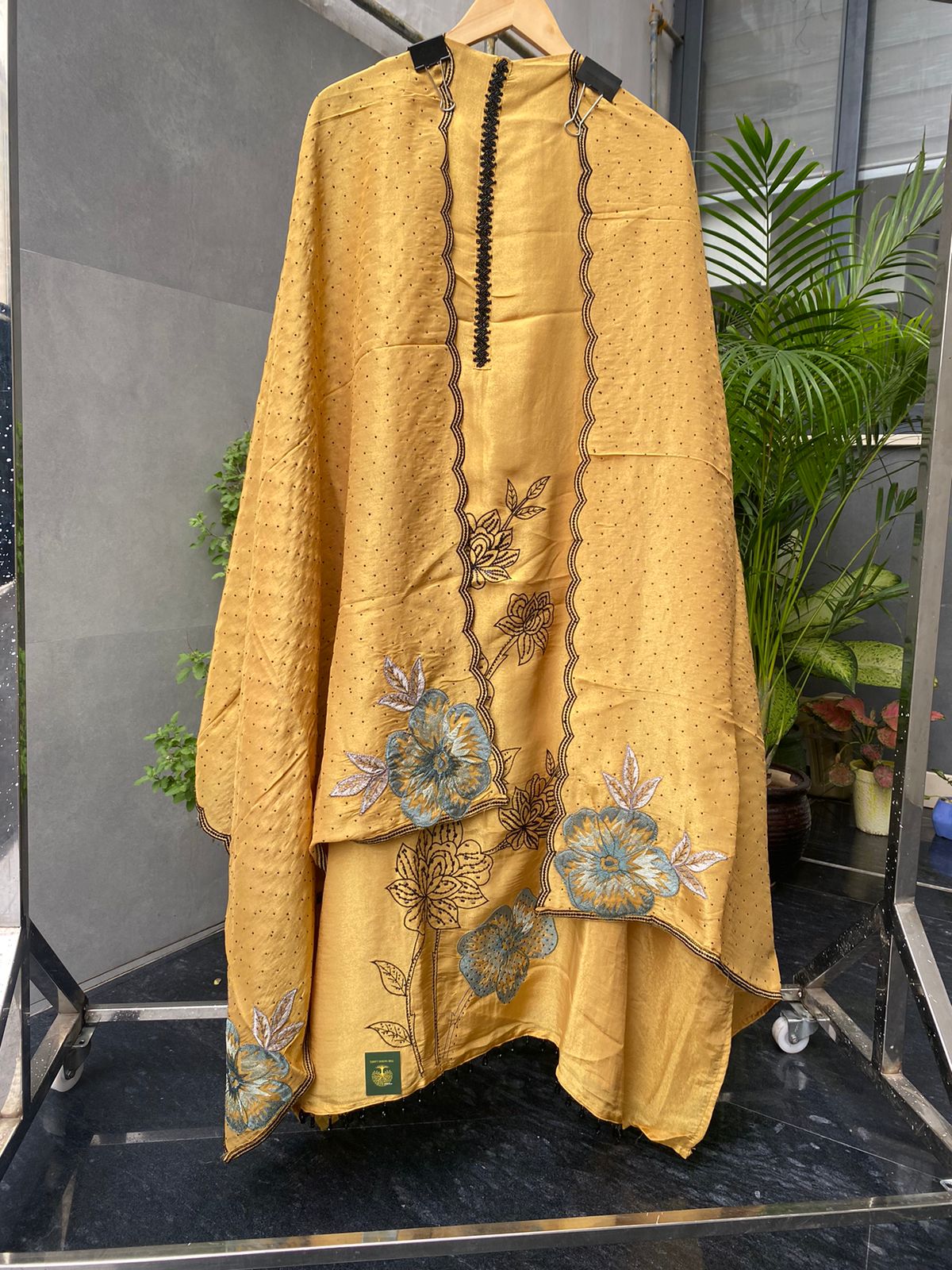 Golden Shimmer Embroidery Silk Suit