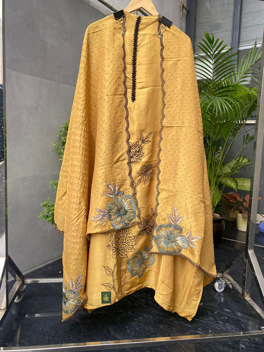 Golden Shimmer Embroidery Silk Suit