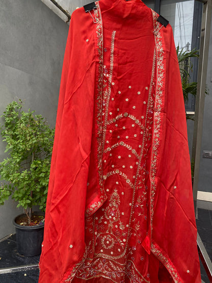 Rust Silk Sarozi Handwork Embroidered Suit Set