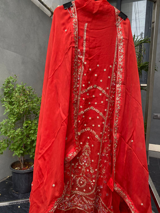 Rust Silk Sarozi Handwork Embroidered Suit Set