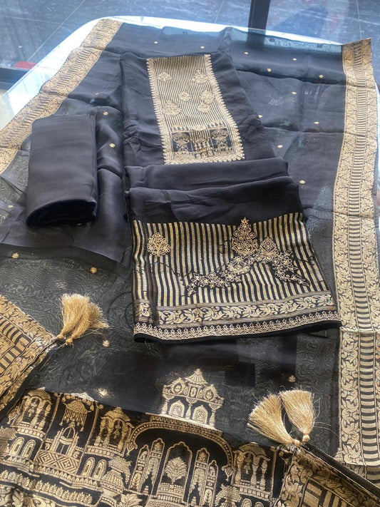Black & Gold Festive Silk Suit with Designer Dupatta