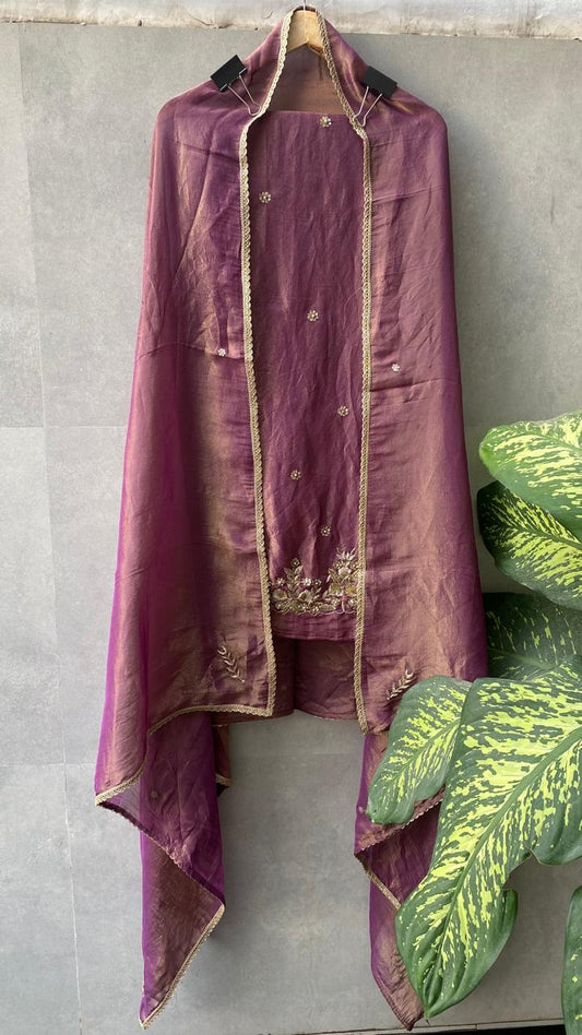 Purple Suit Set with Embroidered Organza Dupatta