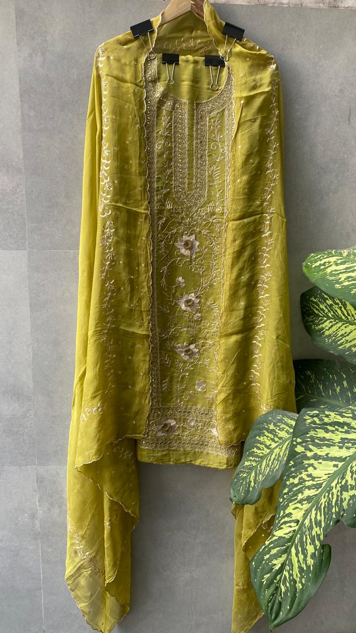 Zaitoon Charm – Olive Green Chiffon Suit