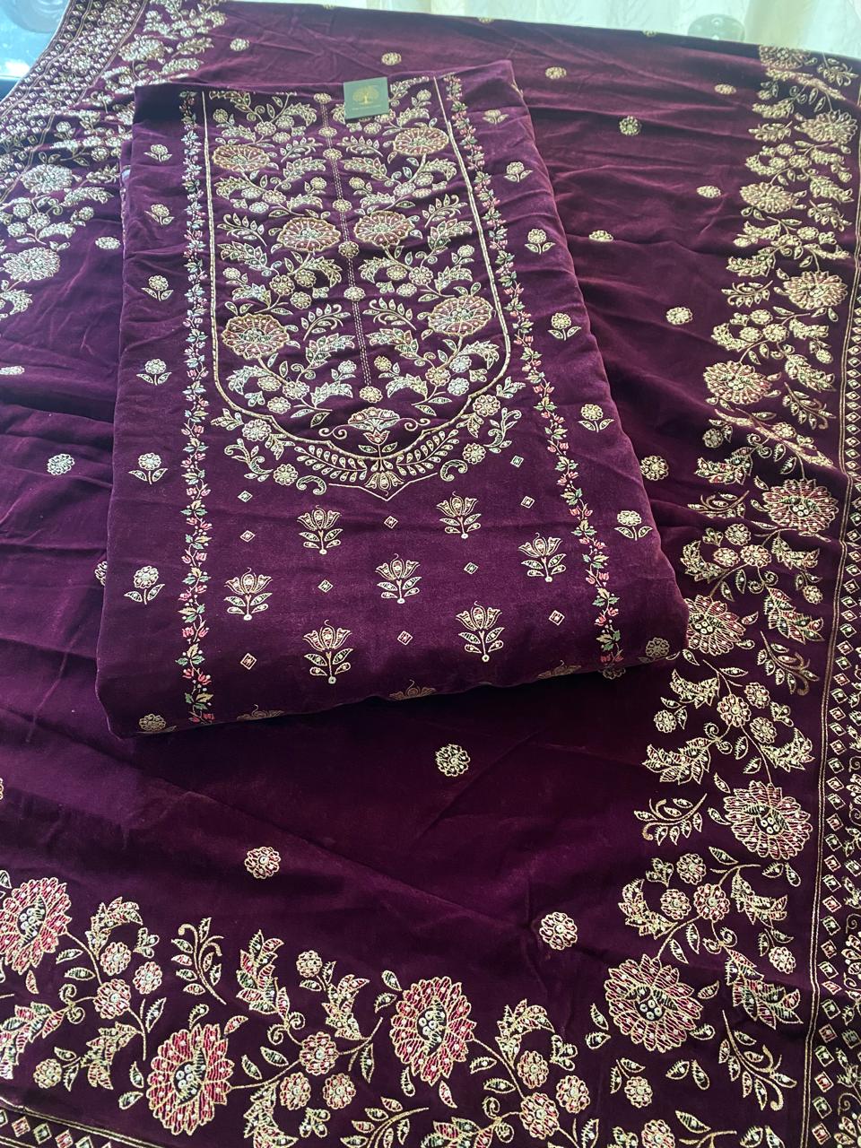 Purple Velvet Suit with Heavy Floral Embroidery
