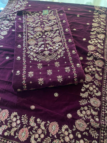 Purple Velvet Suit with Heavy Floral Embroidery