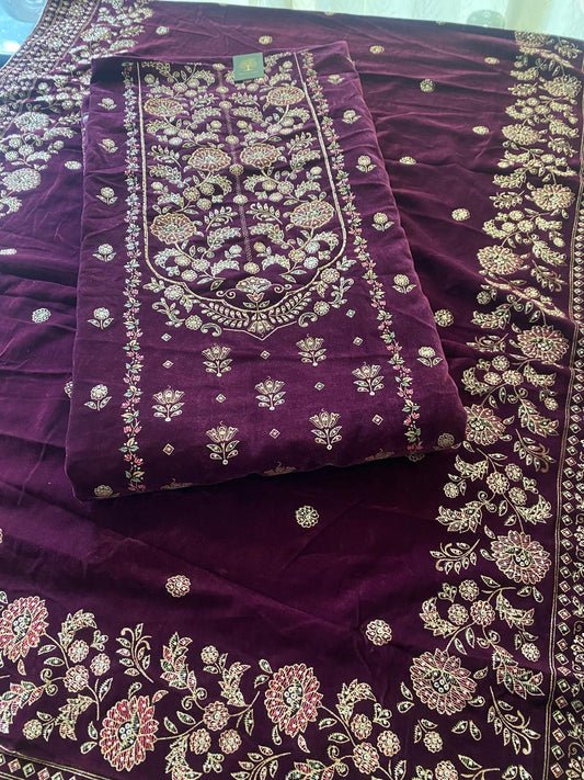 Purple Velvet Suit with Heavy Floral Embroidery