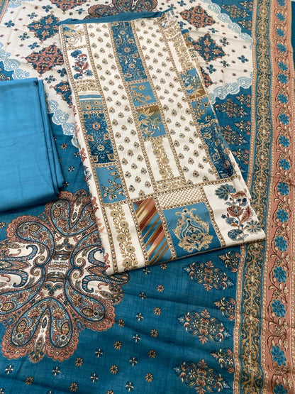 Blue Cotton Suit with Patchwork and Paisley Print
