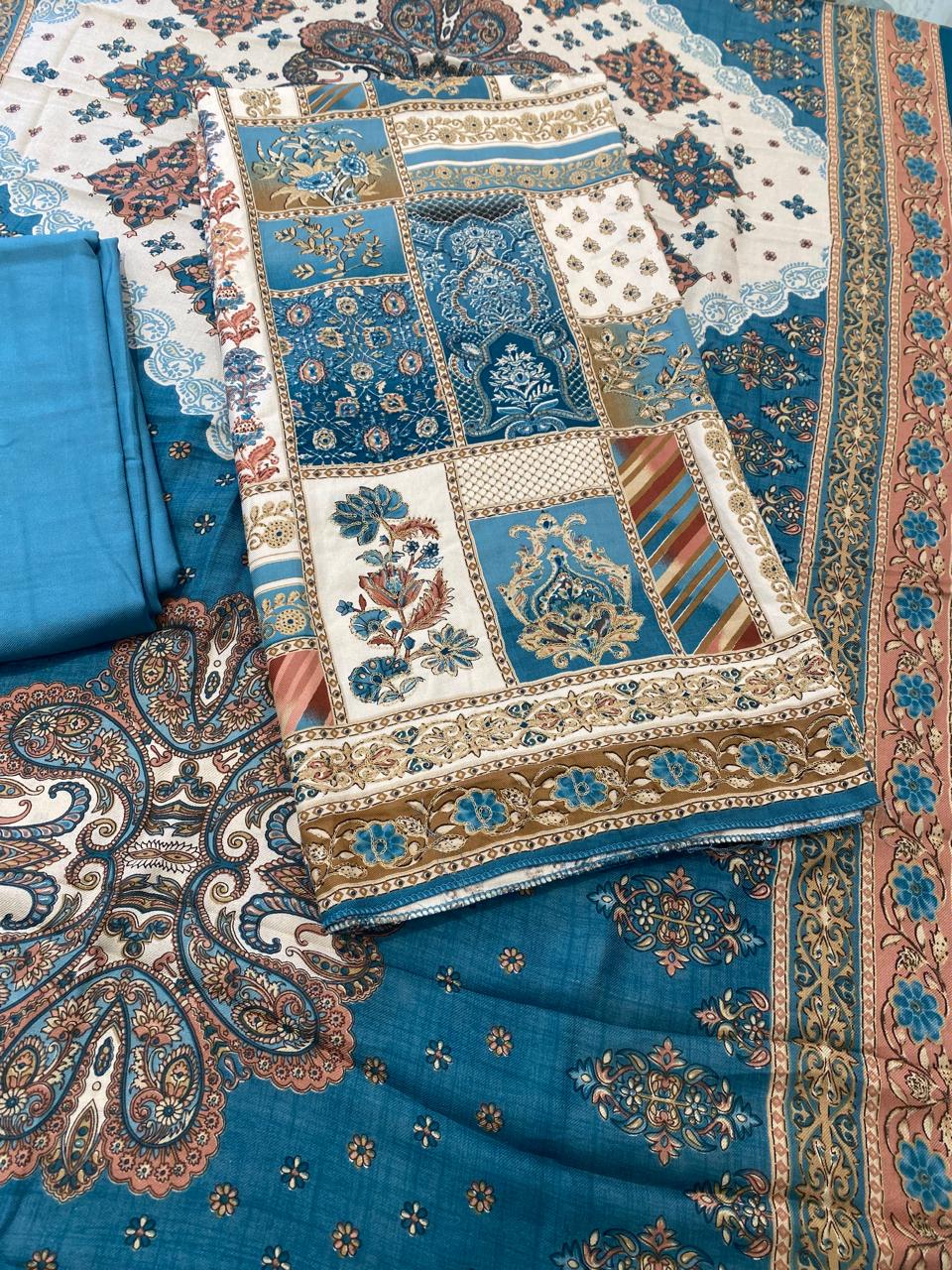 Blue Cotton Suit with Patchwork and Paisley Print