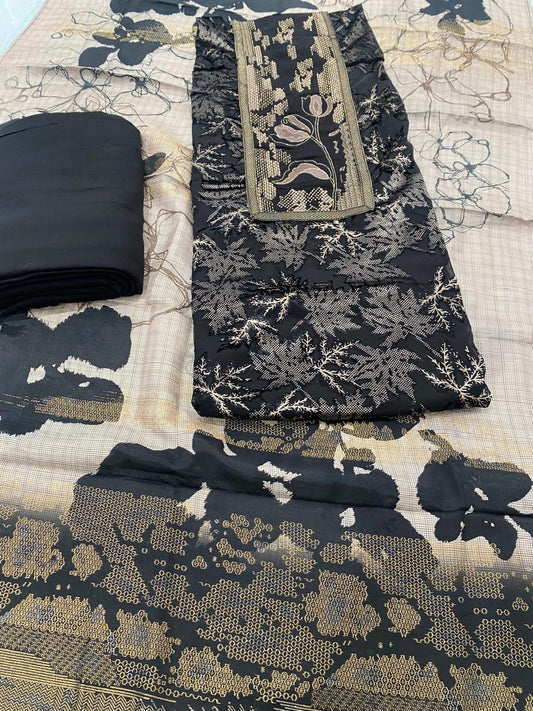 Black Floral Suit with Golden Neckline