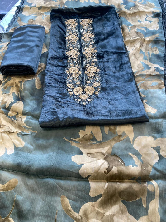 Graceful Velvet Suit Embellished with Exquisite Zari Floral Work