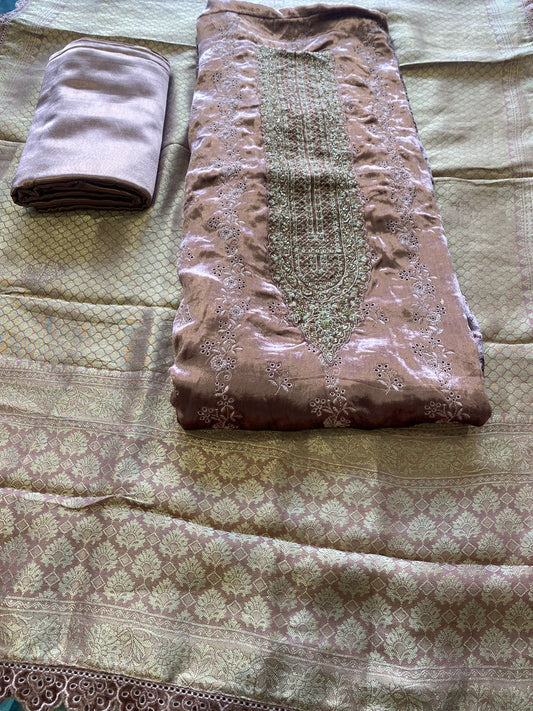 Blush Pink Velvet Embroidered Suit with Jacquard Dupatta
