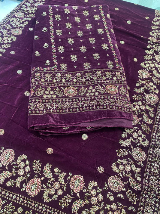Purple Velvet Suit with Heavy Floral Embroidery