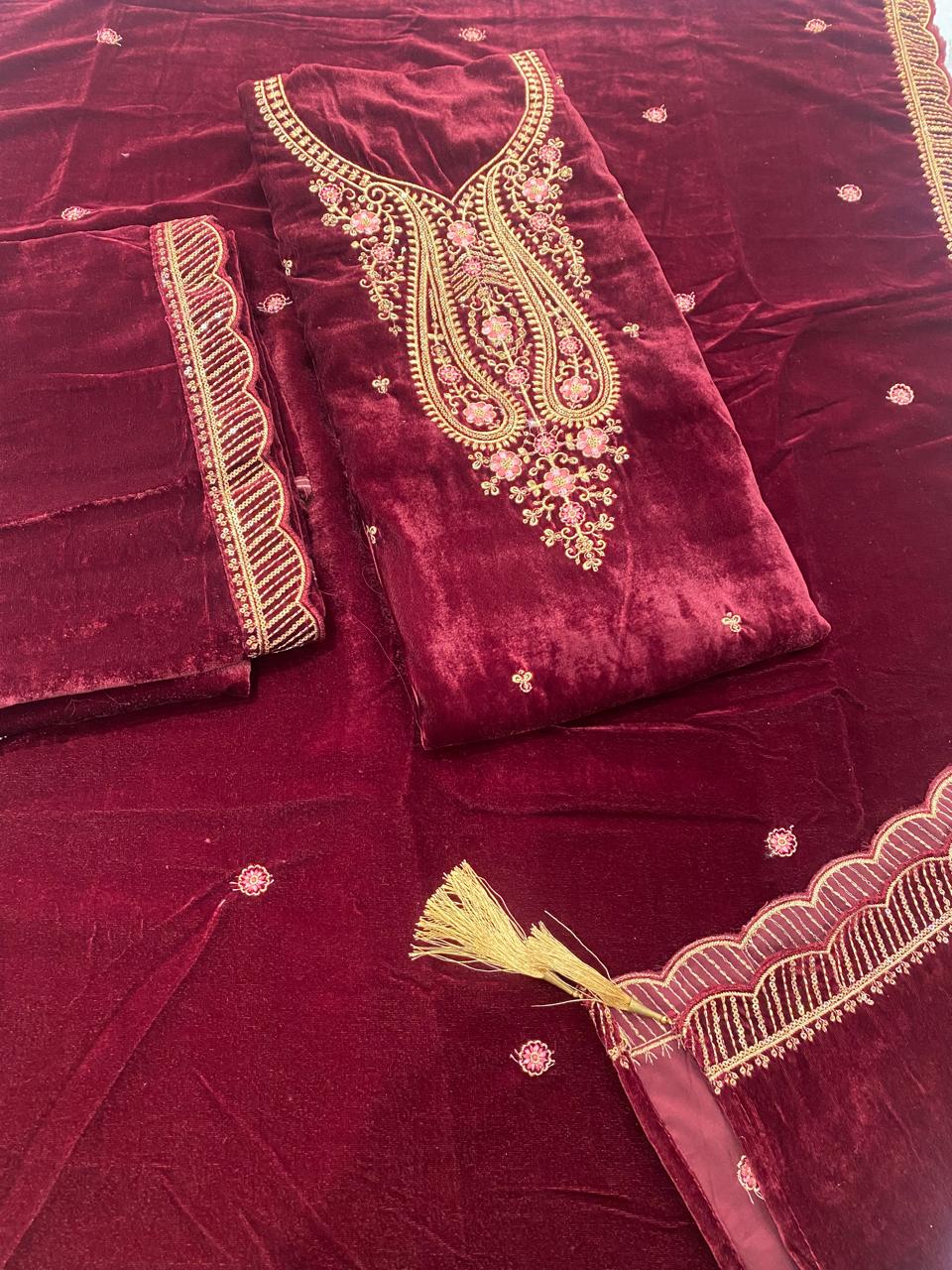 Maroon Velvet Suit with Golden Design