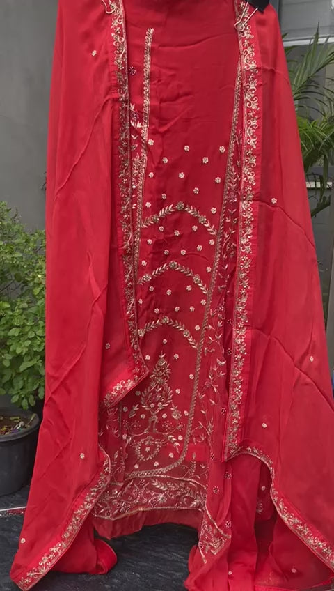 Rust Silk Sarozi Handwork Embroidered Suit Set